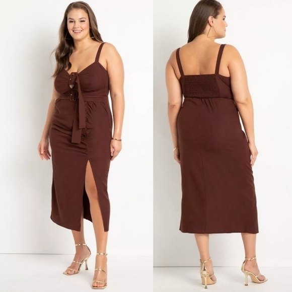 NWT ELOQUII LINEN MIDI DRESS IN CAPPUCCINO - Picture 3 of 7